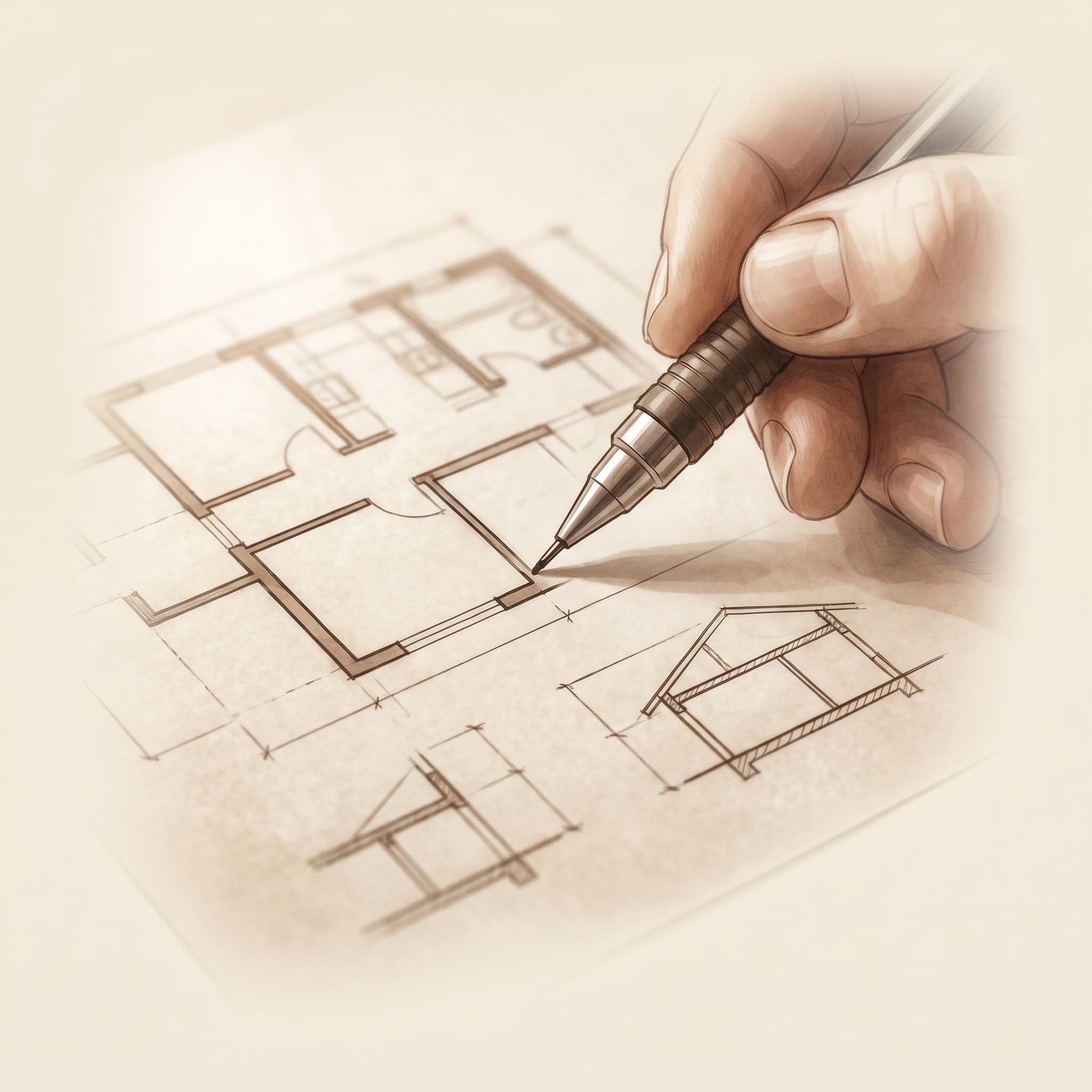 Conception — crayon sur calque, lignes de plan